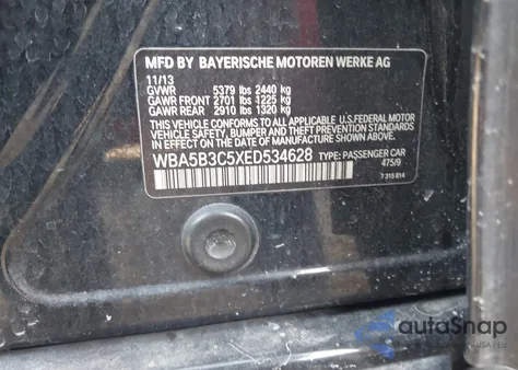 2014 BMW 535I xDrive from USA, damaged, VIN WBA5B3C5XED534628